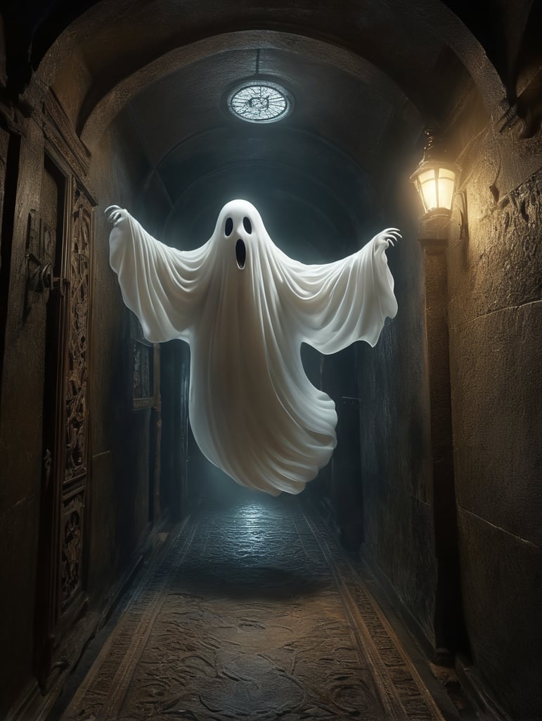 friendly ghost in 3D flying down a passage with 1 dim light