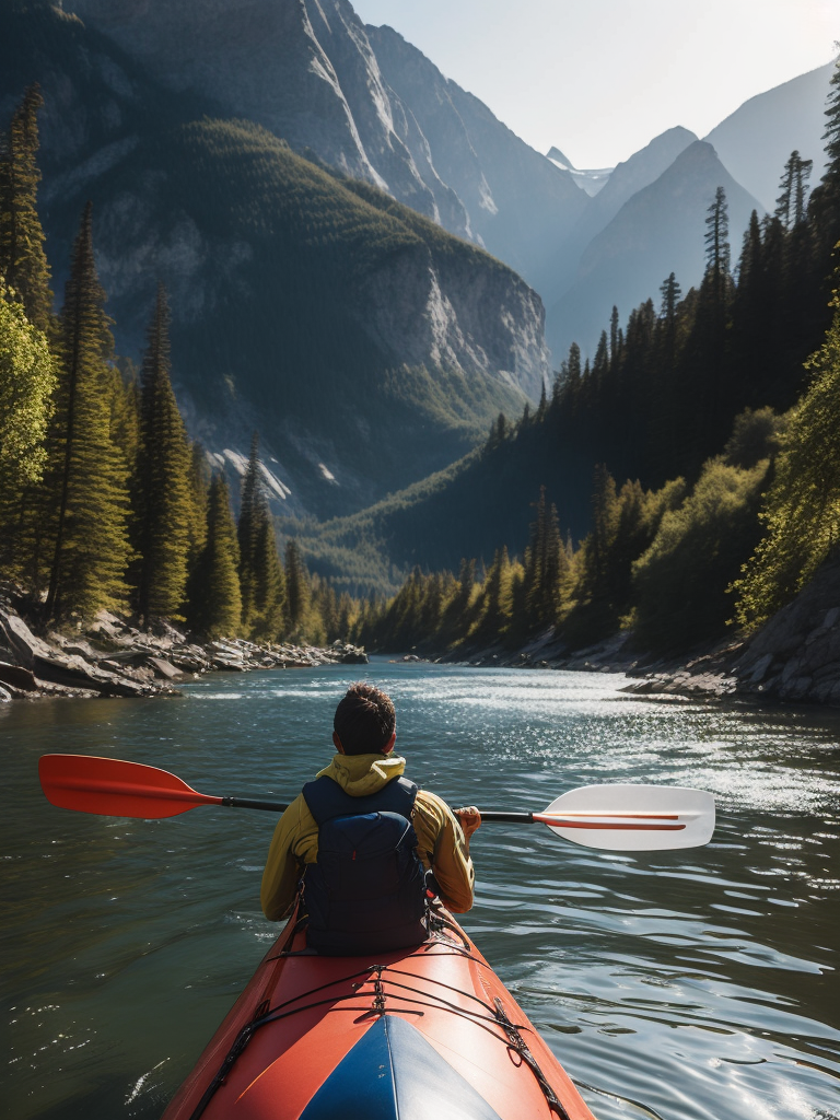 A man is kayaking on a mountain river, mountains, blue sky, high detail, rear view, forest, rocks, Very High details, Vibrant colors, sharp on details