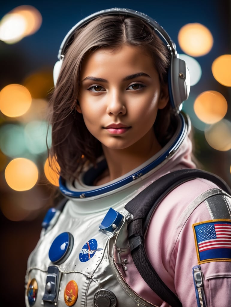 (full body photo), (girl:5), (((perfect body))), Astronaut helmet with cracked glass, slight tan on the skin, ((space suit)), (((extremely detailed eyes))), ((perfect face)), (texture of the skin), ((extremely detailed skin with skin pores)), (confident expression), space backdrop, dynamic composition, warrior pose, soft yet striking lighting, shallow depth of field, bokeh from city lights, sharp details, highly detailed, hyper-realistic, 50mm lens, naturally blurred background.