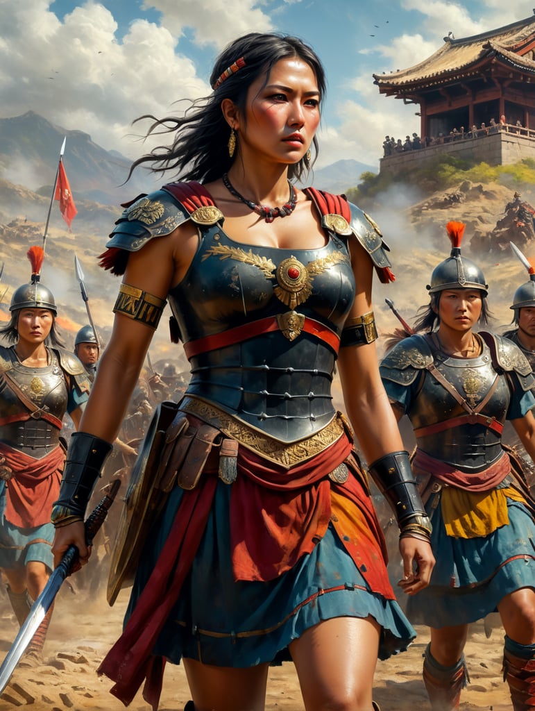 stgrong female roman battlefield apache colorful short dress vintage background old japanese