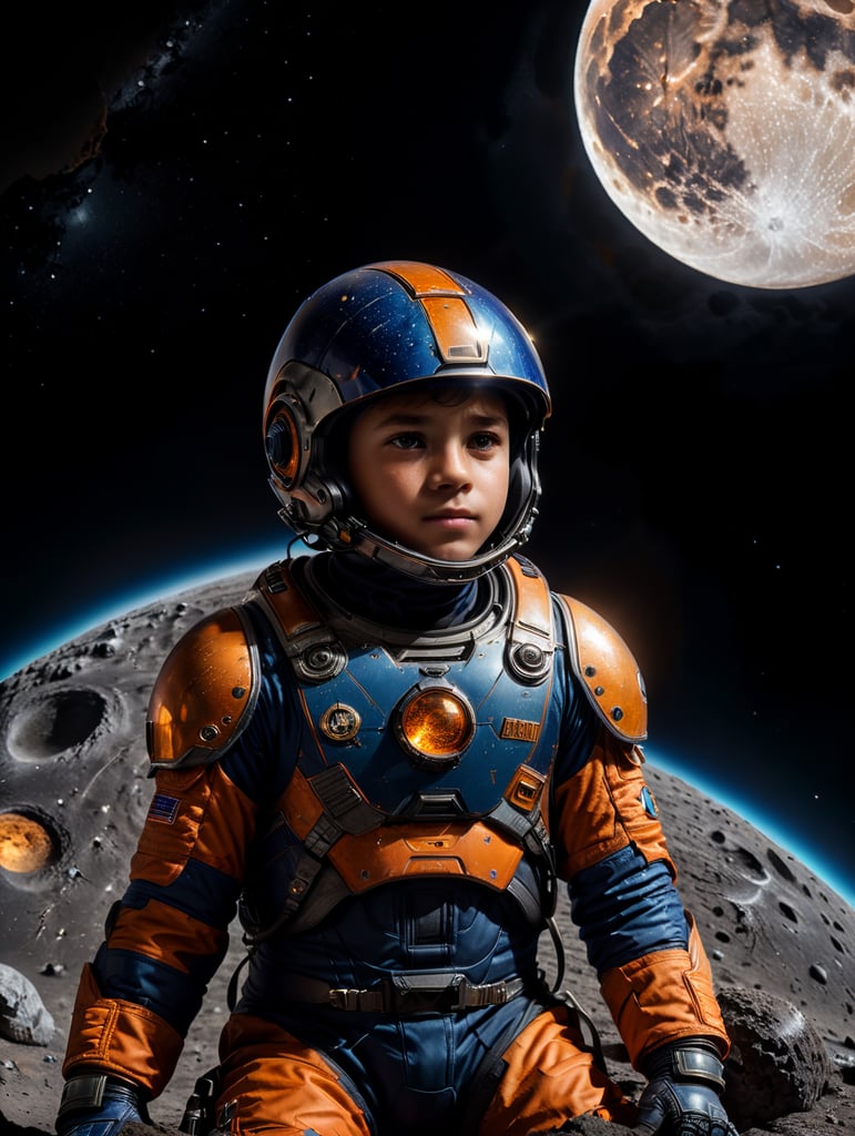 pre teen boy in blue and orange space suit and helmet sitting on a small moon in outer space.