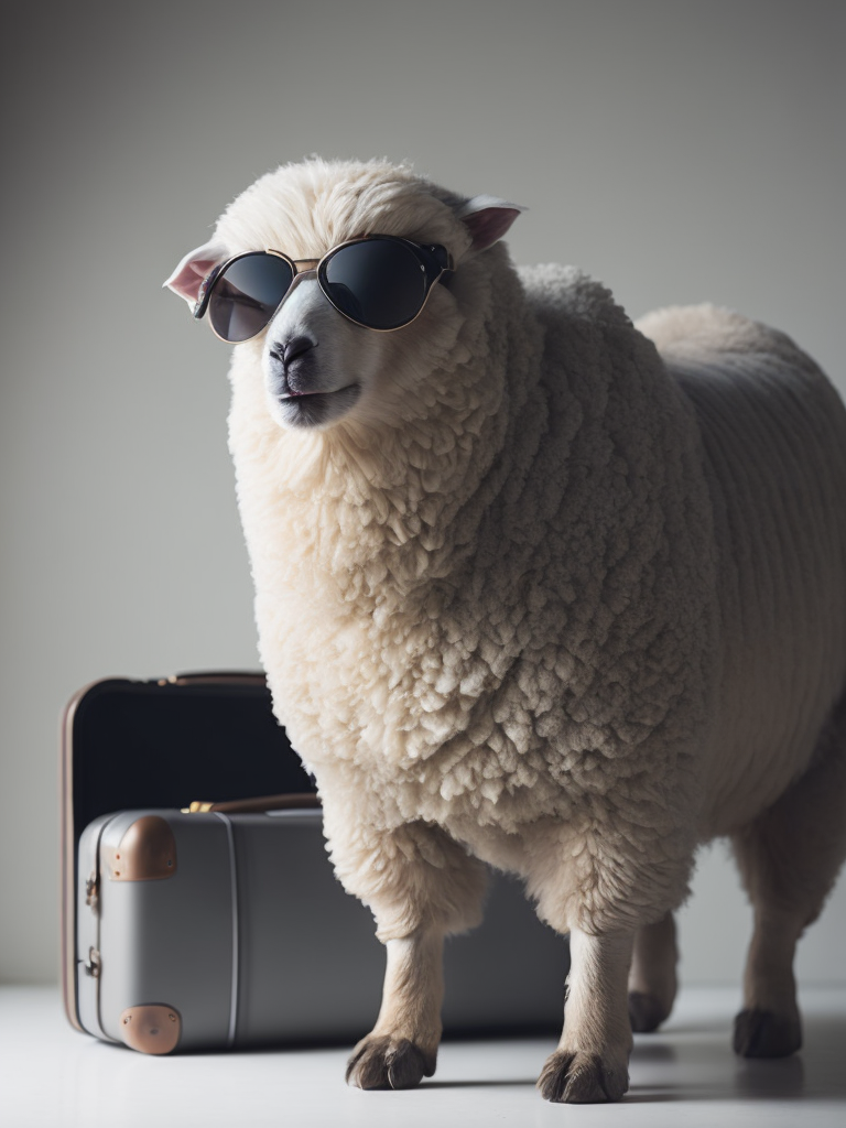 a sheep wearing sunglasses standing beside a travel luggage, studio white background, sharp detail