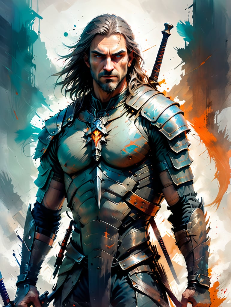 The witcher. A tall man with ashen long hair and two swords on his back