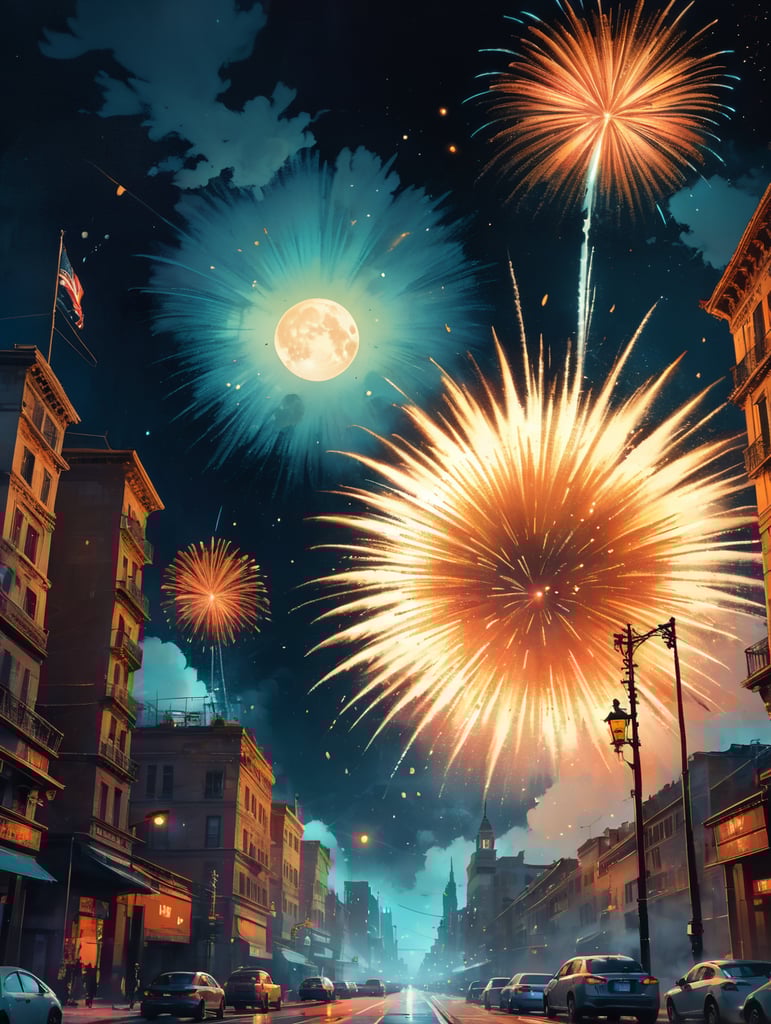 Fireworks in sky ar night with stars and moon