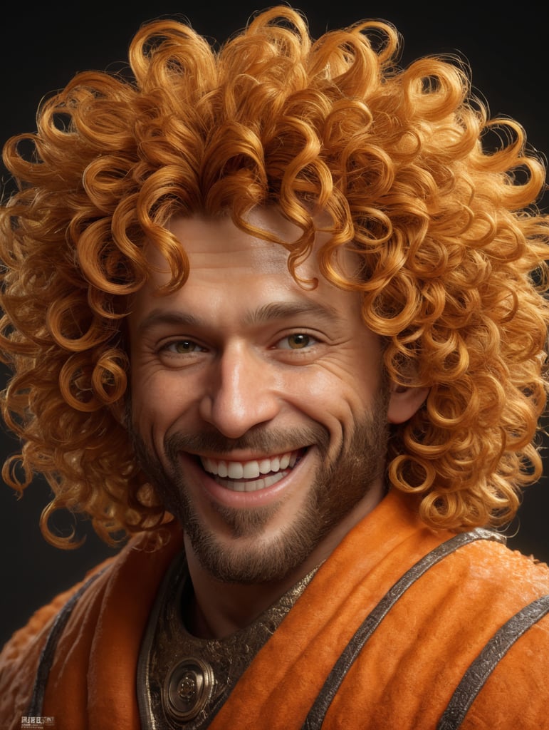 Make an orange fluffy round 3d character with curly hairs, looking happy and positive