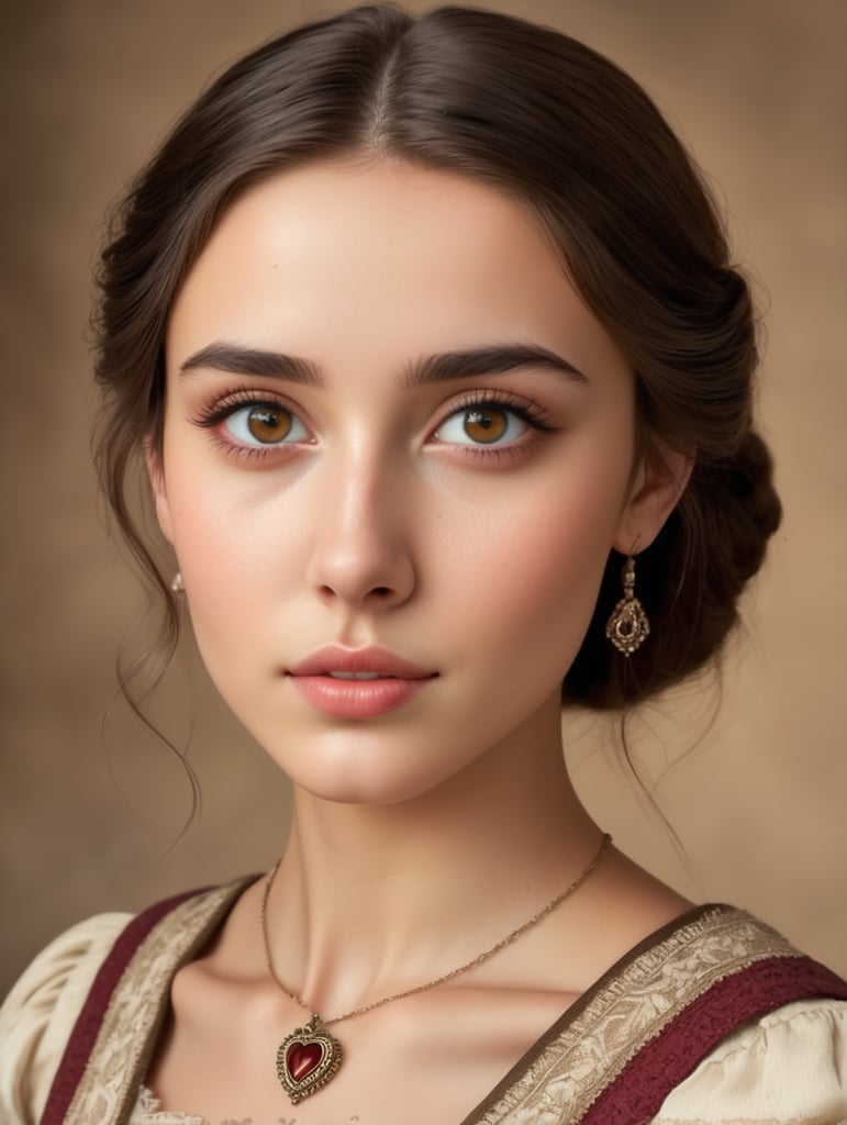 Twenty year old Georgian England era pretty girl with beautiful dark eyes and small heart shaped face, high cheekbones, highly detailed, saturated, high definition. Brown hair, fair skin