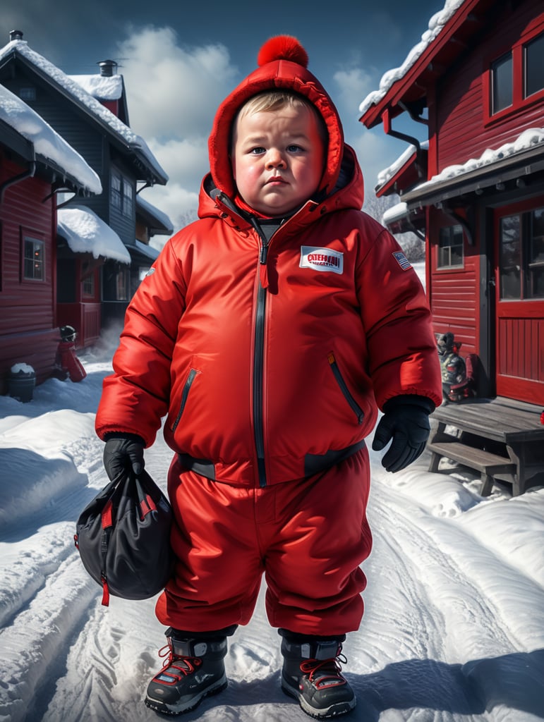 fat boy wearing red snowsuit
