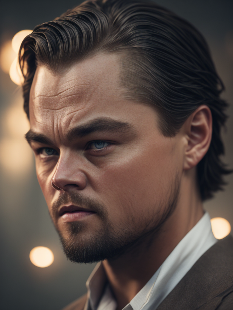Portrait of Leonardo DiCaprio as the protagonist of The Revenant, contrasting light, detailed face, muted tones