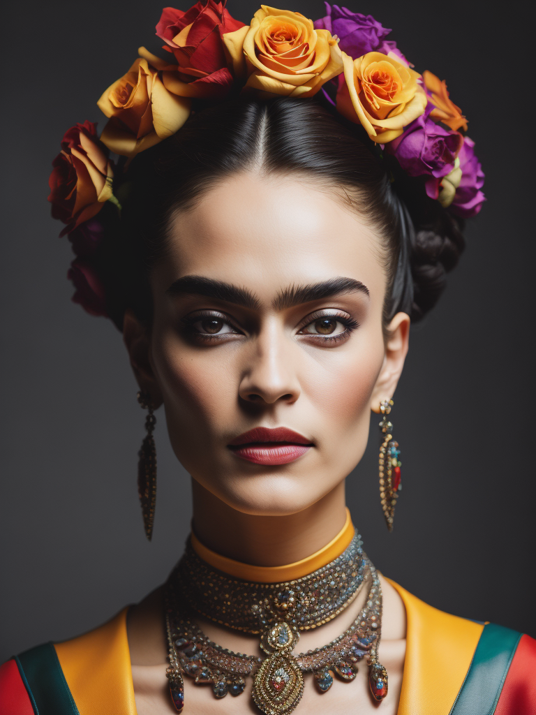 Portrait of Frida kahlo, bright and saturated colors, elegant, highly detailed, vogue, fashion magazine, sharp focus, Bright expressive makeup, Dramatic Lighting, Depth of field, Incredibly high detailed, blurred background