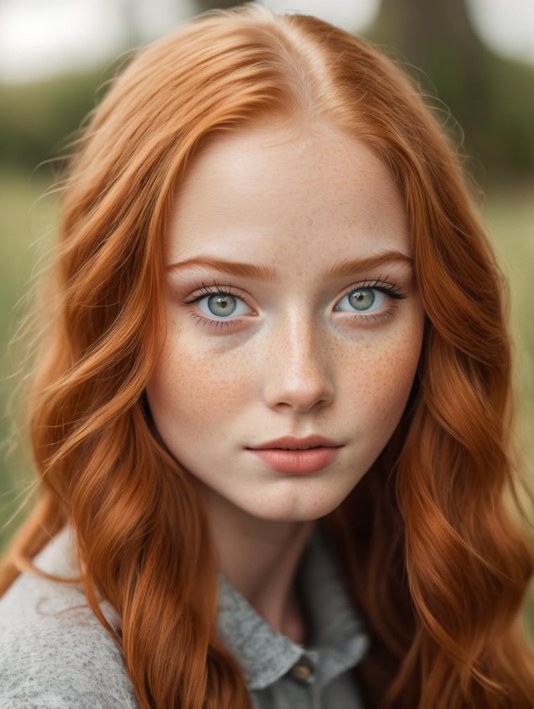 16 years old redhead girl with many freckles, gray eyes, full lips
