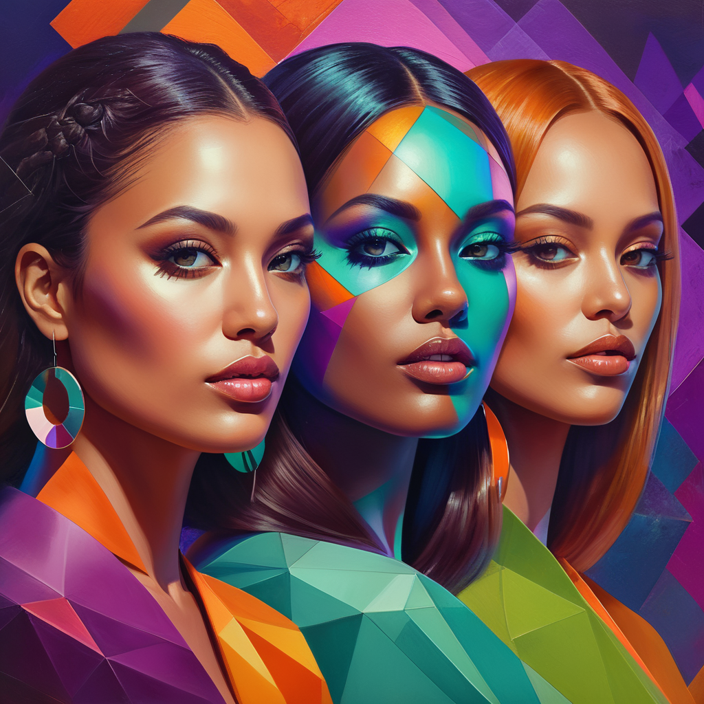 Create a colorful graphic portrait featuring four young diverse women in the vibrant abstract geometric style of artist Jade Purple Brown. The women should have 1970s hairstyles, makeup, and fashion. Compose the image using overlapping circular, oval, and rectangular shapes in bright hues like purple, blue, orange, green, and pink with soft blurred edges in Jade's signature style. Arrange the geometric abstract forms in a dynamic, energetic composition with a sense of rhythm and movement. The women should be interacting, laughing, and exchanging enthusiastic expressions with a joyful, celebratory mood. Apply areas of texture using thick painterly brushstrokes. Emphasize bold graphic stylization over realism for a retro 70s pop art look.