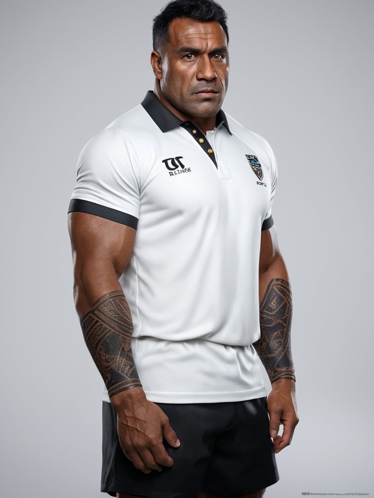 buffed Fijian man playing rugby