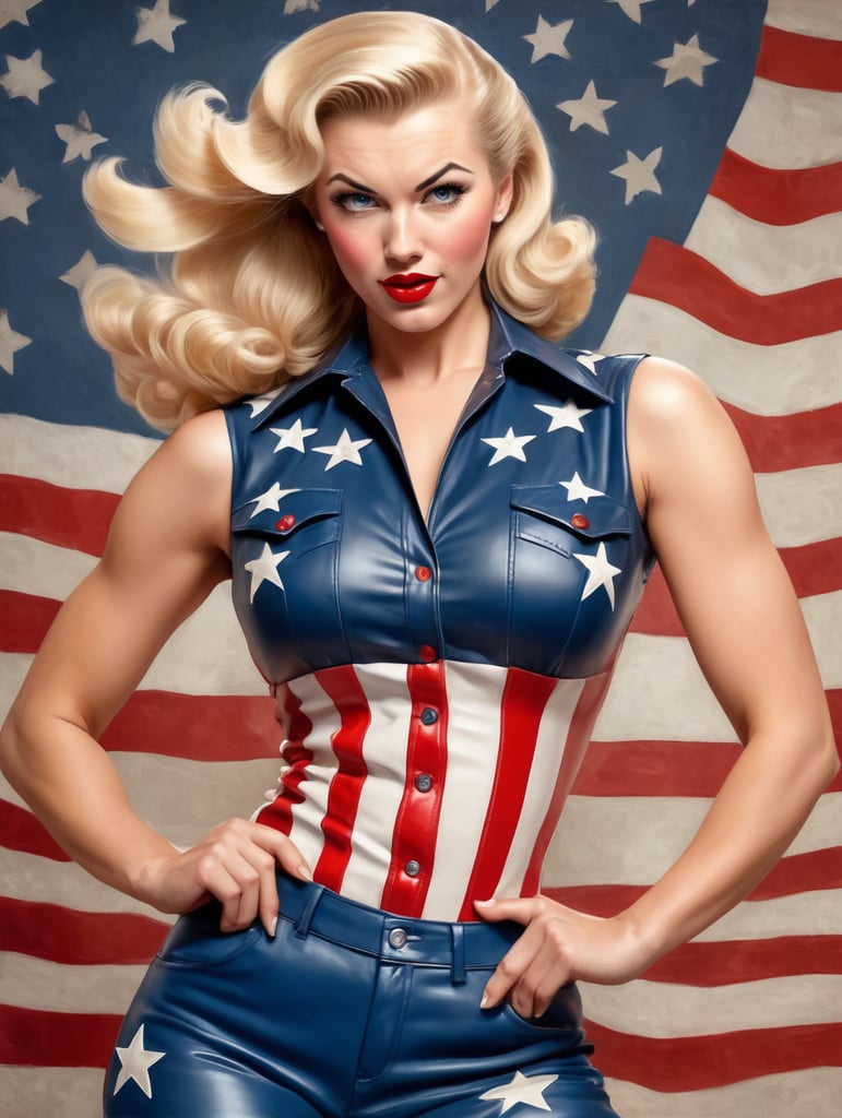 Modernized 1940's pinup girl, blonde hair, red white and blue sleeveless leather shirt with stars, flexing arm powerfully, mad expression on face