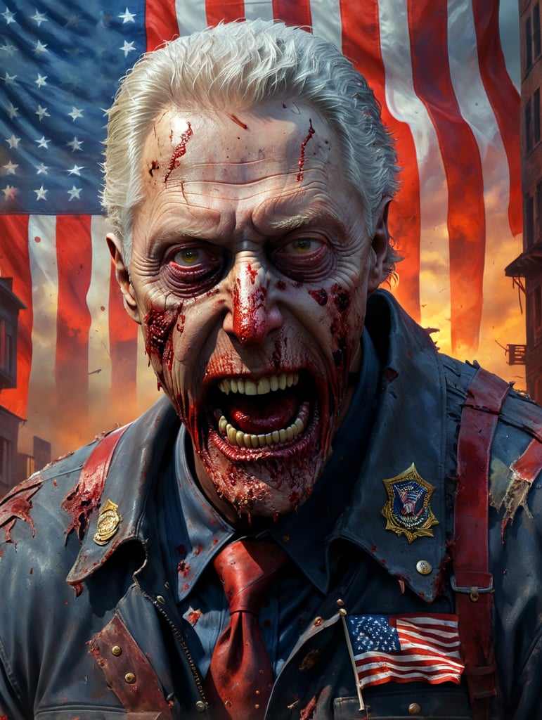 creepy Bill Clinton zombie with distopian creepy american flag background crumbling buildings, vivid and contrasting colors, sinister, blood, detail, evil