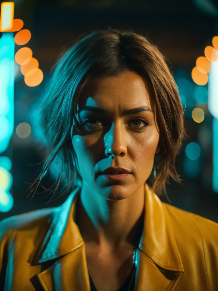 a women looks on the camera, yellow side lighting, focused gaze, canon 50 lens, focus on the face everything else is in blur, the blade runner scene.