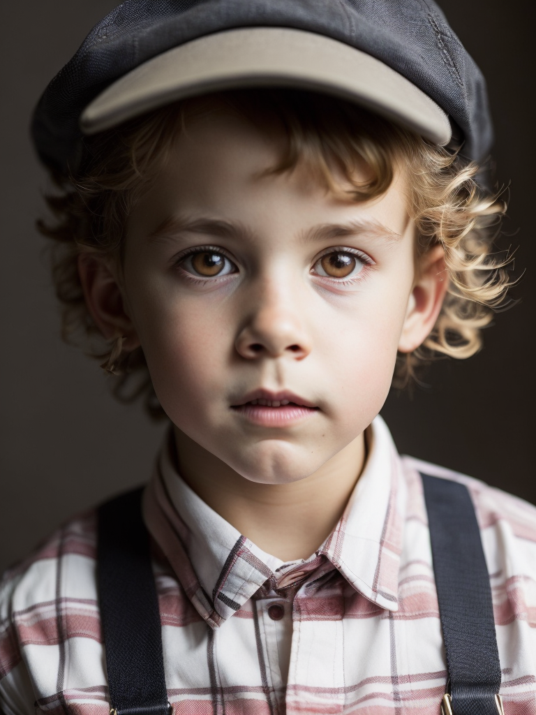 Young boy wearing a newsboys flat cap, curly blonde hair, deep amber eyes, overalls, red and white plaid button up shirt, hyper realistic, photorealism,