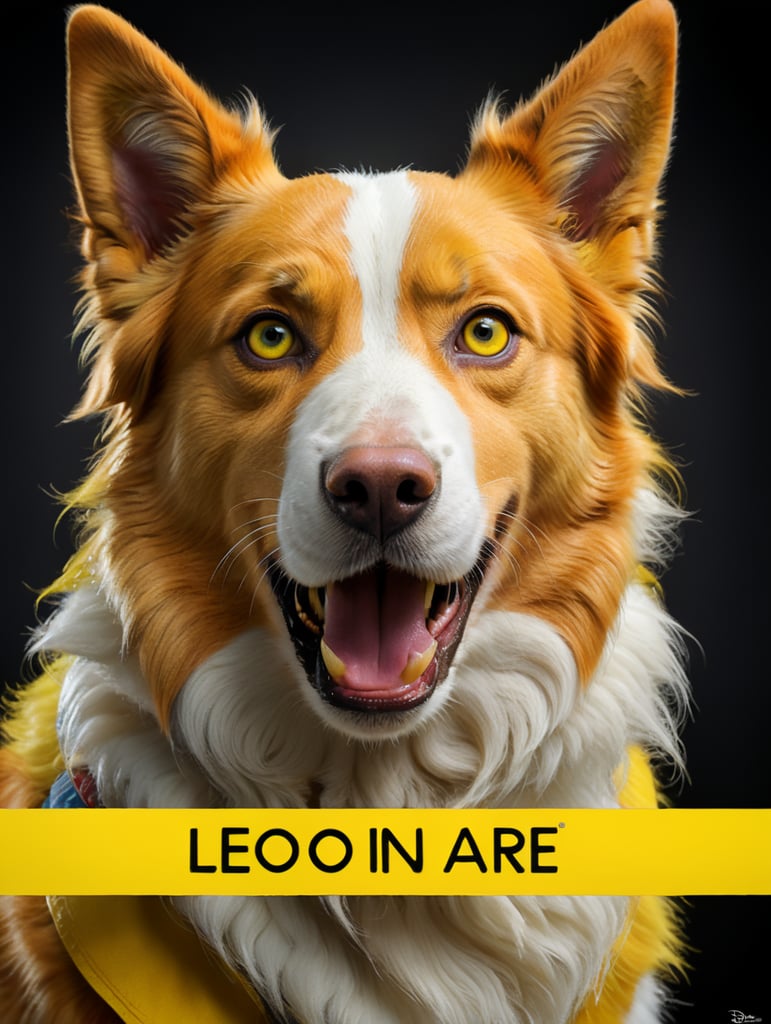 a disney pixar inspired movie poster with title Leo in the image a yellow french border collie with a yellow ears and white strip on the nose