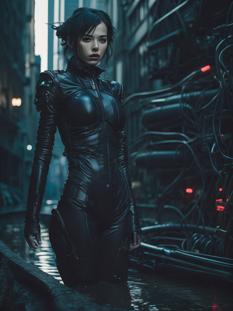 woman, ghost in the shell style, black covered suit lying water tank plugin cables complicated mechanical parts cyberpunk style intricate details robotic arms