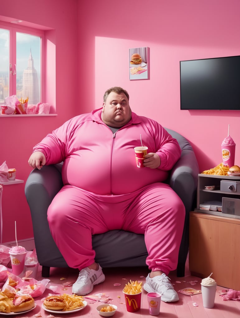 A very fat man in a tracksuit eats fast food and watches TV, the room is a mess, the room is painted pink