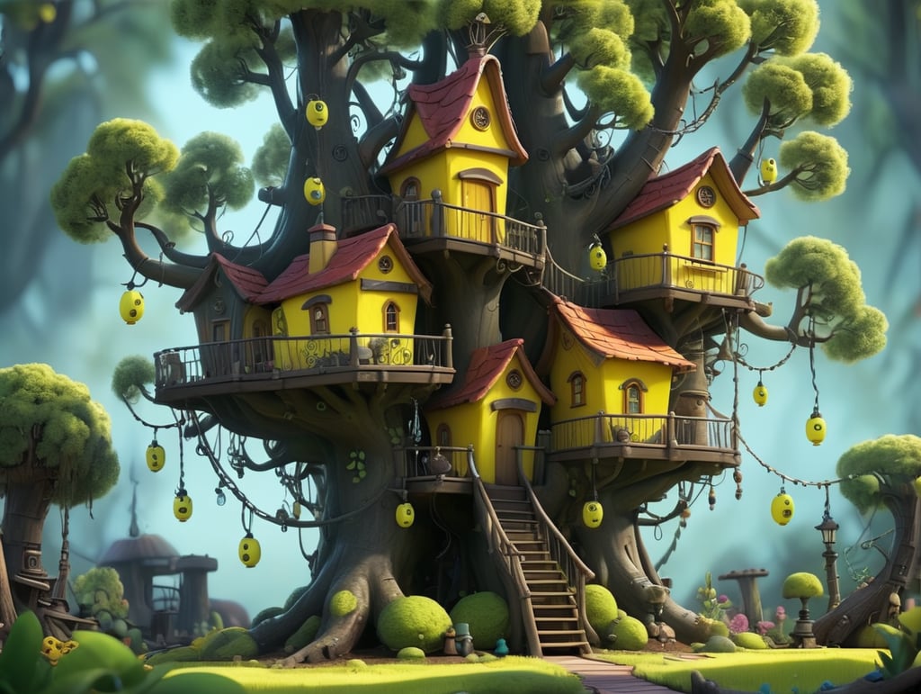 An elaborate, whimsical, bright yellow treehouse in the style of Tim Burton on a bright sunny day. The tree's leaves are an electric lime green color. the tree trunk is a dark brown.