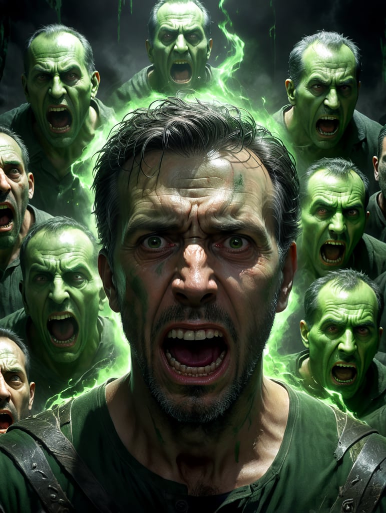 portrait of a man tormented by ghostly faces who are talking to him voices coming from different people with bad intentions. The man looks in pain, frustrated and scared, the face of the man is in full colour, while the surrounding faces with the voices are in a green-grey hue