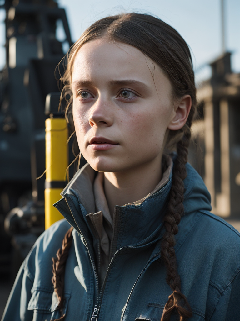 greta thunberg As oil rig worker, realistic, high detail