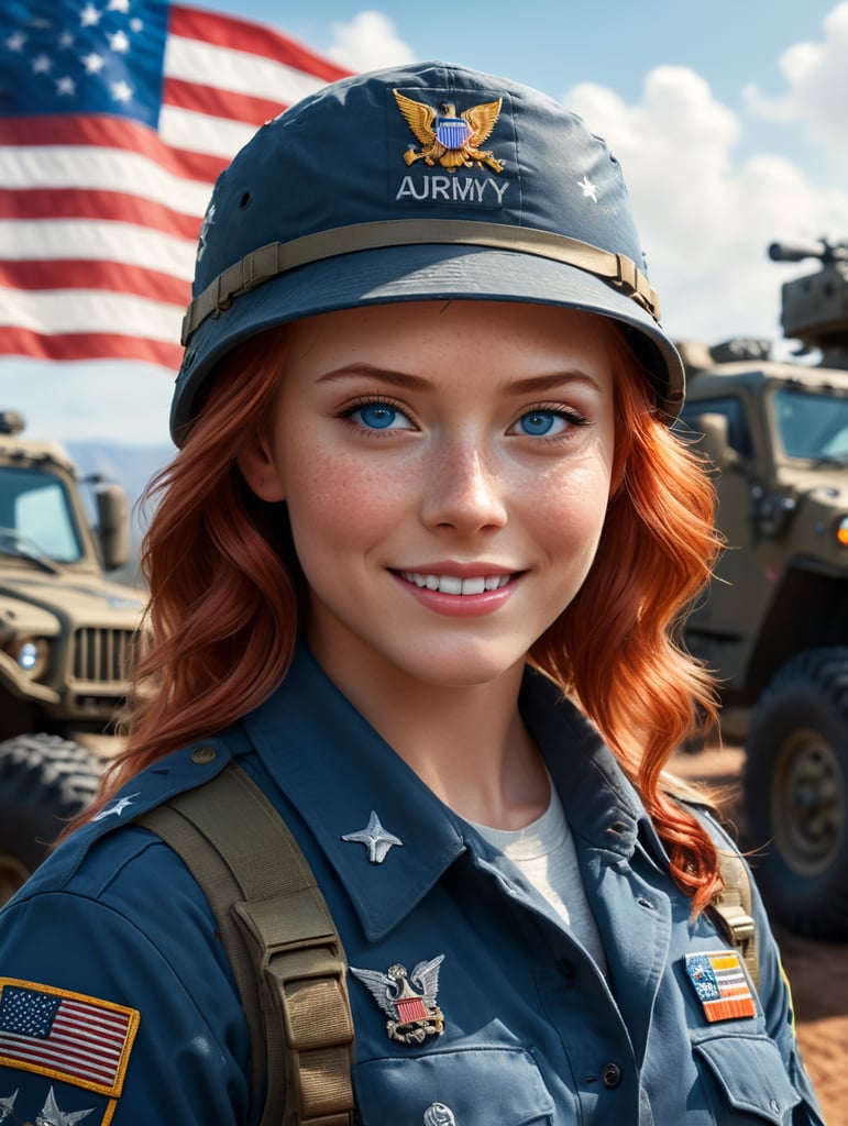 real human, real photo, cute girl with red hair and blue eyes, soft and random freckles, blush on her cheek, cute smile, natural skin tone, skin imperfection, wearing US Army combat uniform with battle gear, perfect United States flag emblem, military trucks in the background, dramatic light, taken with DSLR 4K