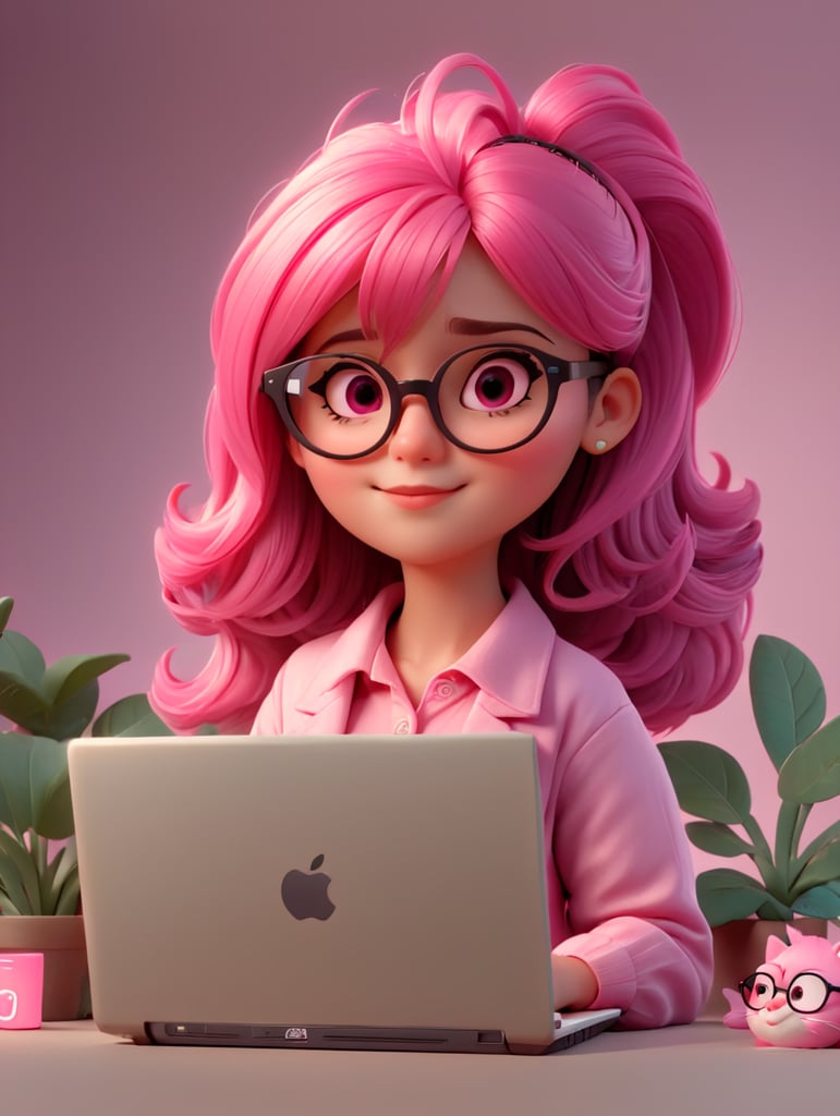 A young cool girl with glasses pink scene a laptop