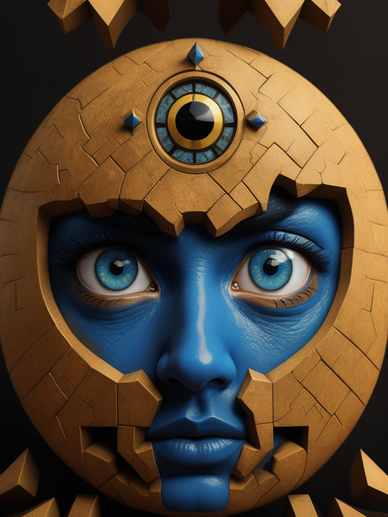 an image of a sculpture with a bright blue eye with black eyes, in the style of puzzle-like pieces, hieratic visionary, album covers, human connection, stone, yellow and azure, symmetry