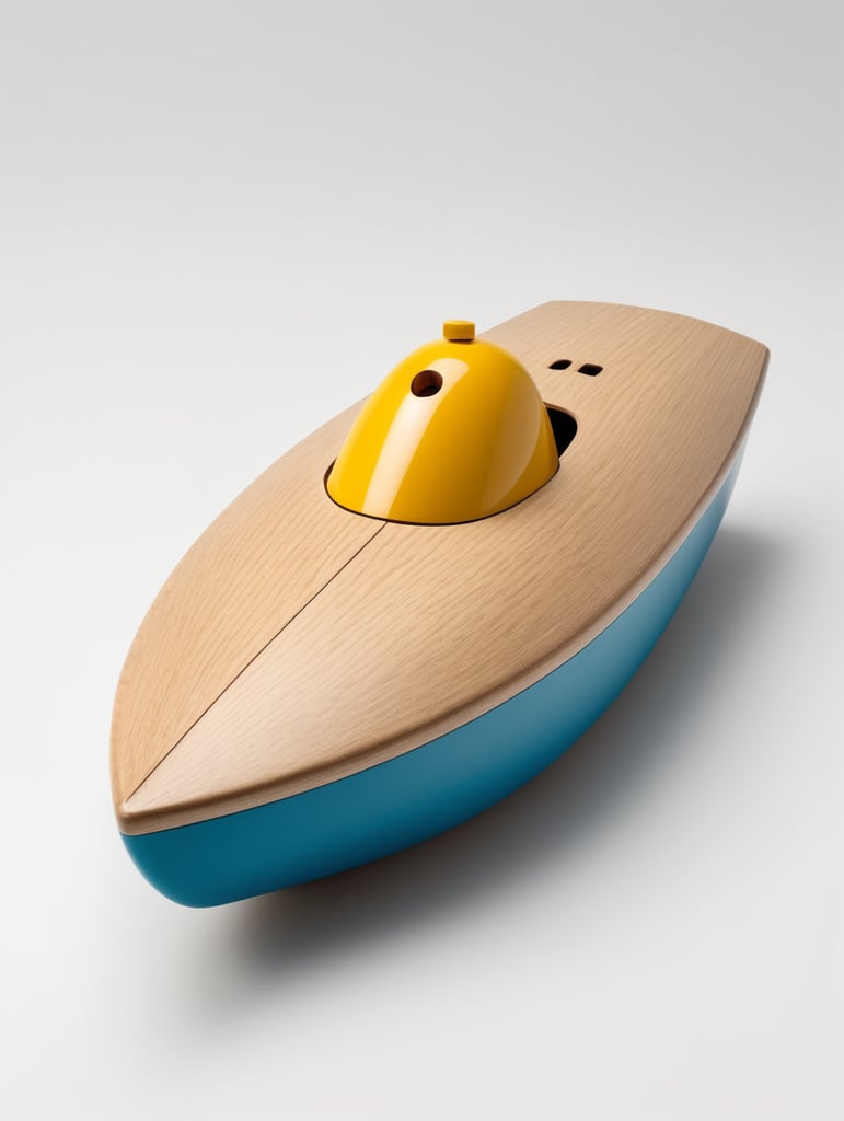 Bath toy chubby high speed racing boat designed by Dieter Rams. Simplistic minimalist post modernist product design. Oak and injection molded plastic. Full object in view.