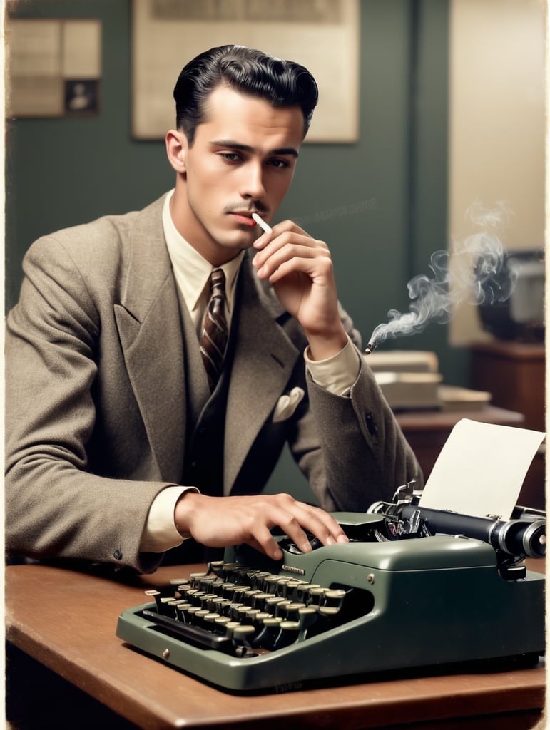 Hollywood 1940's, a young man, smoking a cigarette, is typing on a vintage typewriter in an office,