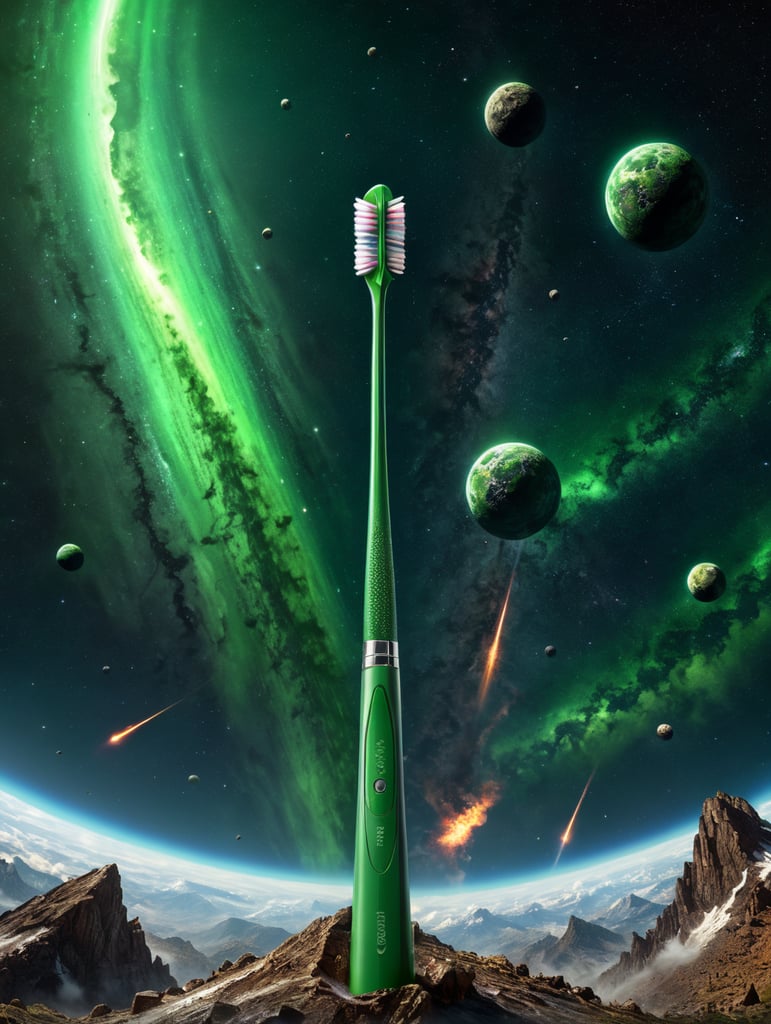 I want a photo of a bright green toothbrush flying in space with meteor