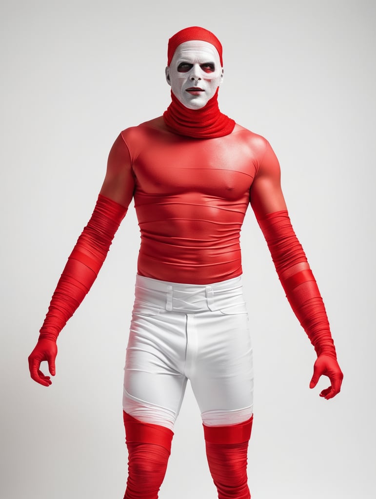 A photograph of man covered in red bandages with realistic style, halloween costume, white background, full body, show hands, show neck and head