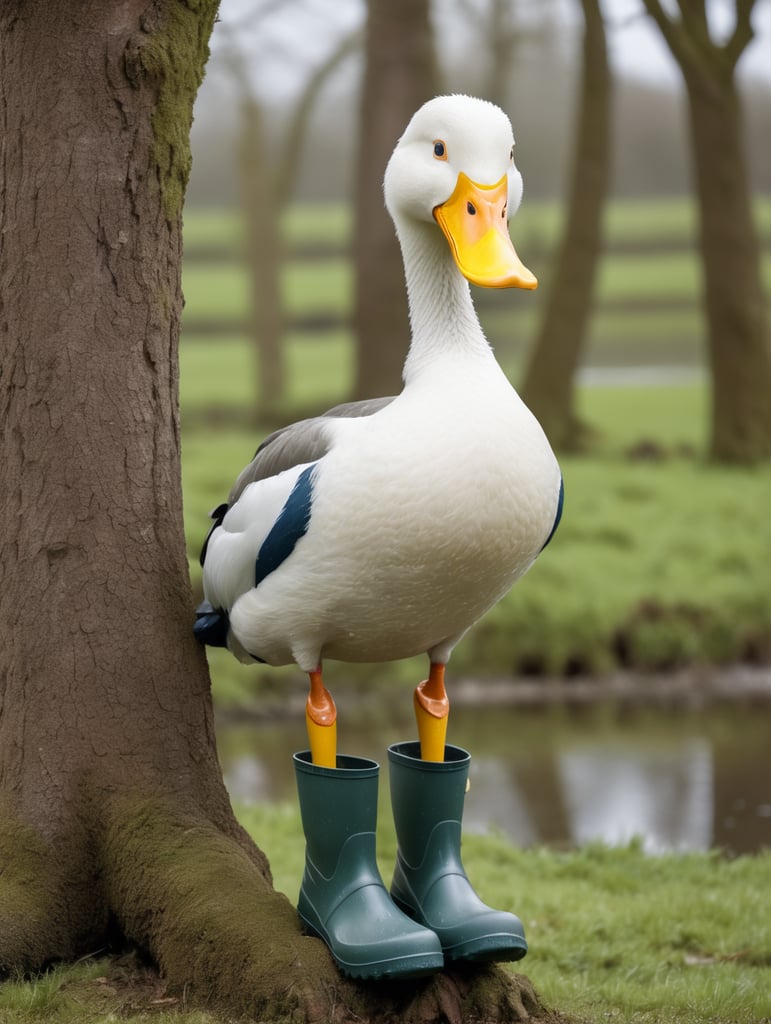 ugly duck wearing wellies up a tree