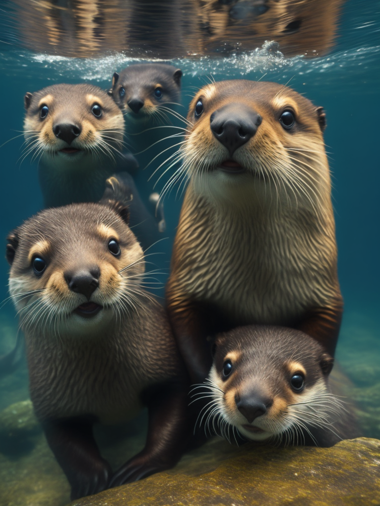 A Family of otters eating fish underwater.