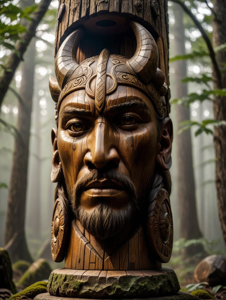 A totem crafted from Viking wood, representing a spirit entity, sacred item, or symbolic emblem, functions as a representation of a collective, be it a family, clan, lineage, or tribe, akin to the spirit emblem within the Viking clan.