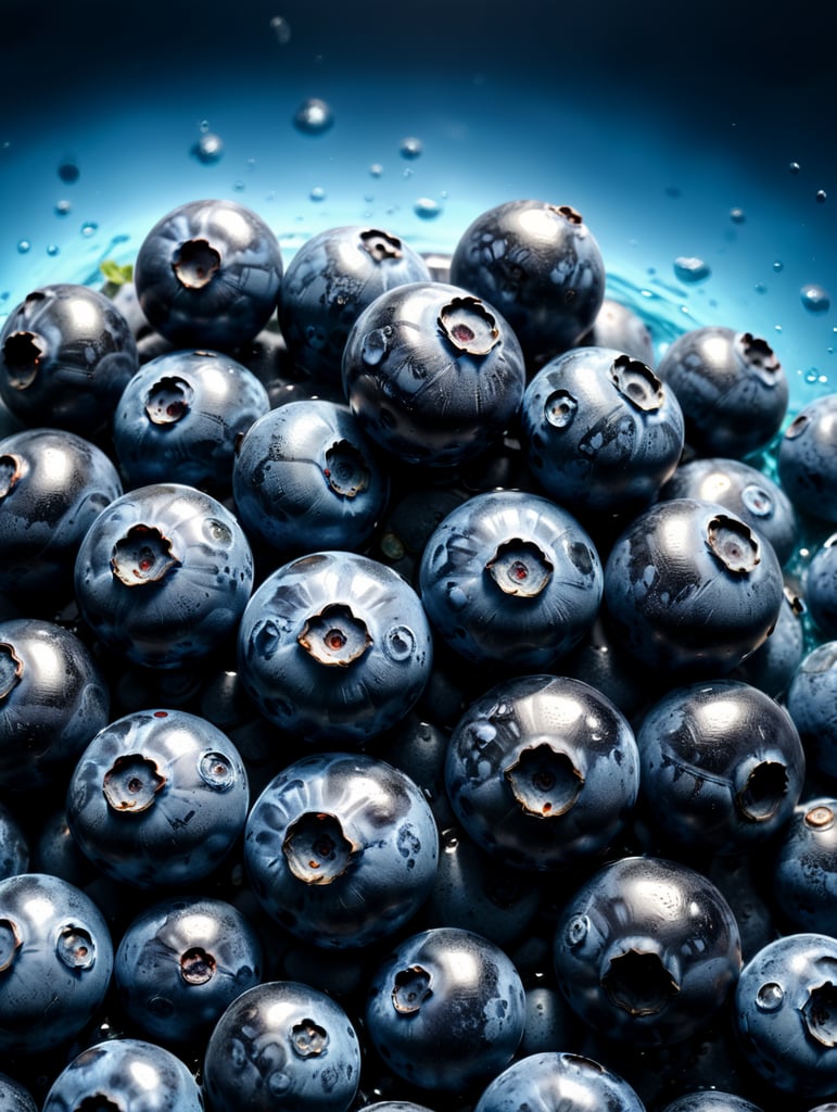only blueberries everywhere floating, mixed blue liquid, blue background, 4k photo-realistic
