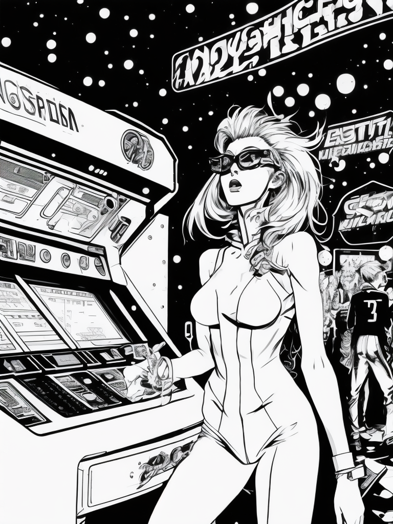 Vintage 90's anime style environmental wide shot of a chaotic arcade at a woman wearing glasses playing an arcade by hajime sorayama, greg tocchini, virgil finlay, sci-fi. line art. environmental arcade art.