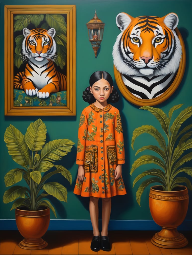 a girl with tiger, style of Catherine Nolin, Painting, Acrylic, Oil, Portrait, Interior, USA