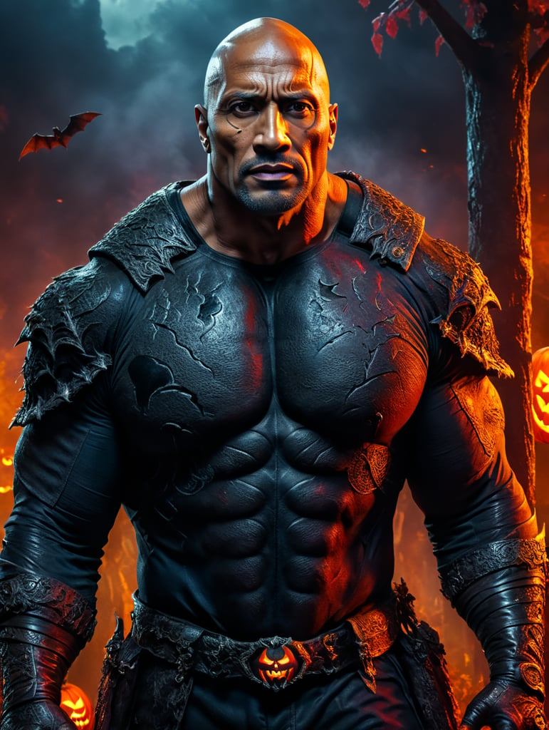 Dwayne Johnson wearing spooky Halloween costume,Sinister, Vivid saturated colors, Contrast color