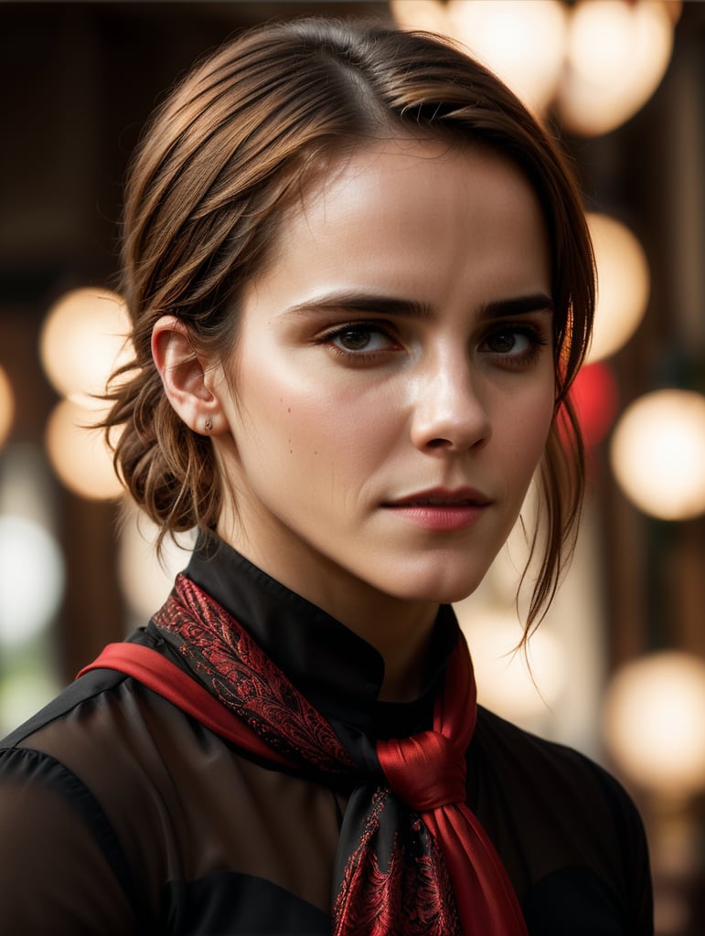 Portrait of Emma Watson wearing black blouse with red scarf, ultra realistic