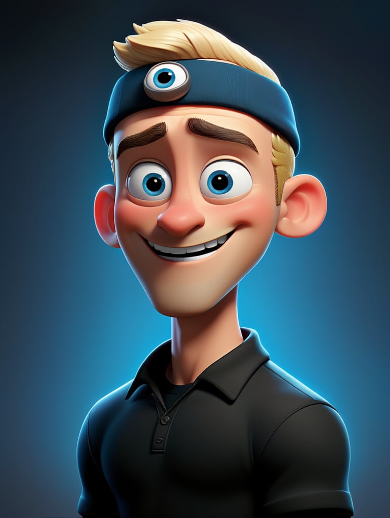 a young man, creative, and kind-hearted person with light blonde hair, blue eyes, a small nose, and a smiling mouth, wearing a black Terylene yarmulke on his head, and standing centered in 3D style, rendered using, Pixar style.