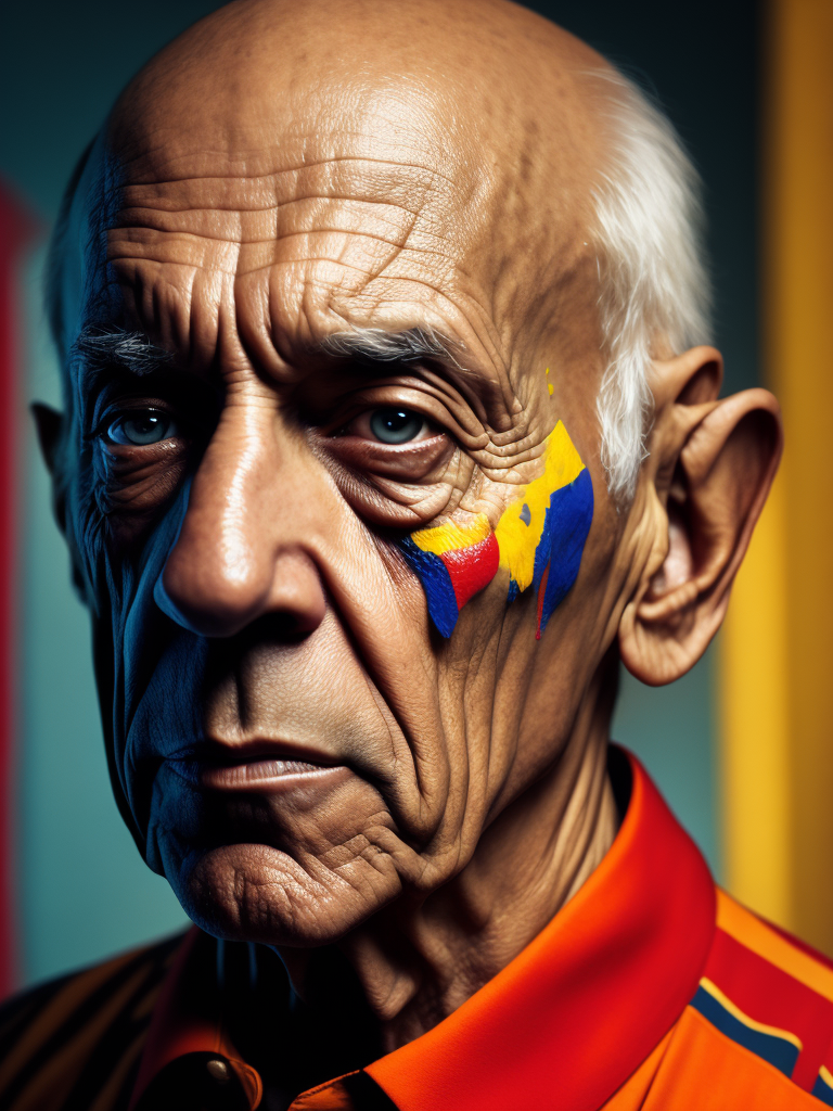 Portrait of Pablo Picasso, bright and saturated colors, elegant, highly detailed, vogue, fashion magazine, sharp focus, bright expressive makeup, dramatic lighting, depth of field, incredibly high detailed, blurred background'