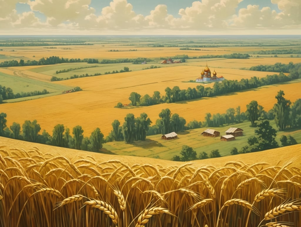 drawing of soviet landscape, large what fields filled with musicians instead of farmers in propaganda style