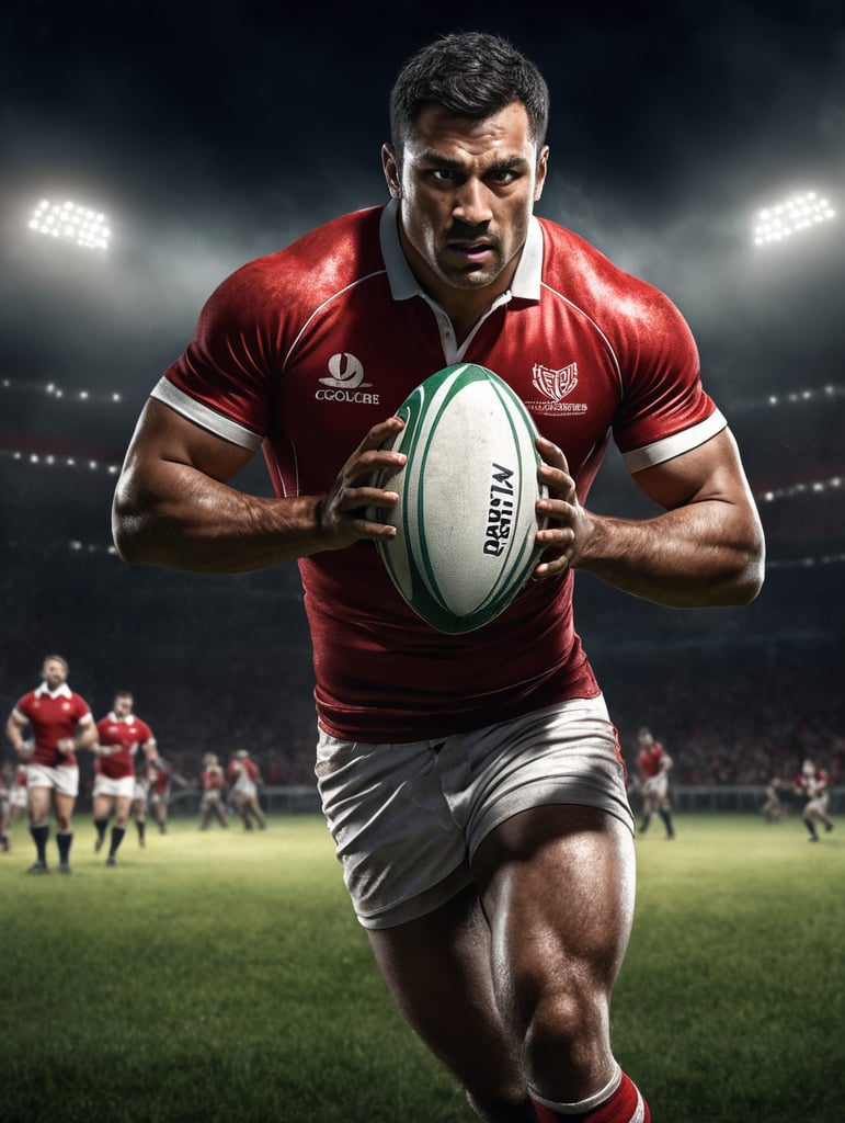 a rugby player with square red and white shirt in a rugby field on night drama sport scene, extreme detailed