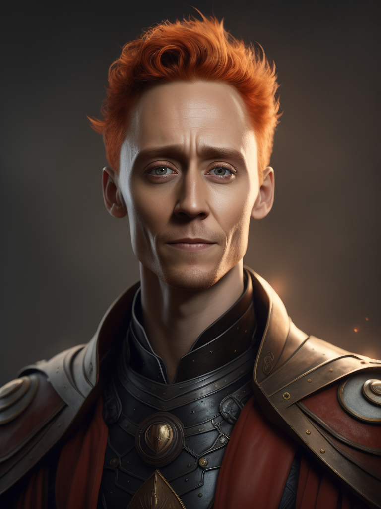 Portrait of Tom hiddleston with red hair in medieval style, detailed face, contrasting light
