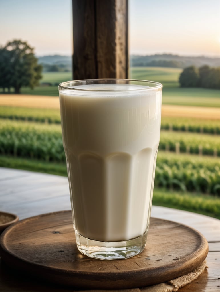 A mockup of a glass of milk, early morning, farm blurred background