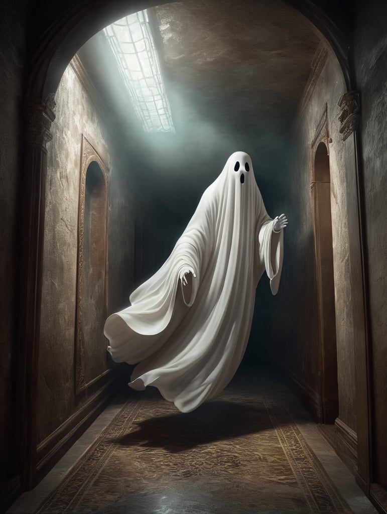 white friendly ghost in 3D flying down a passage with 1 dim light