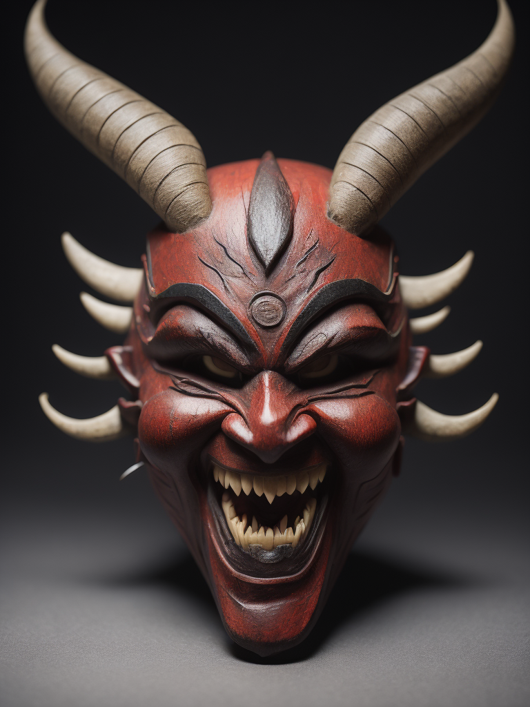 wooden red japanese demon mask with fangs and horns, black background, aggressive, Depth of field, Incredibly high detail