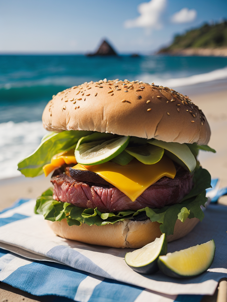 A mouthwatering tuna fish sandwich at a sunny beach picnic, the sandwich features perfectly seared tuna steak, topped with tangy pickles, arugula, and avocado slices, the scene is set on a checkered beach towel with sea waves gently crashing in the background, creating a serene coastal atmosphere, Artwork, watercolor painting, --ar 9:16 --v 5